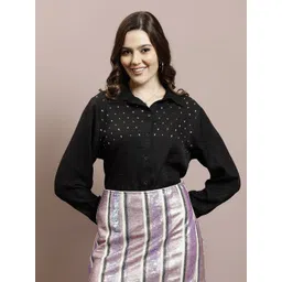 Athena Women Embellished Shirt Collar Linen Top-picture-27