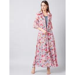 Athena Women Pink & Grey Solid Maxi Dress With Longline Shrug-picture-38