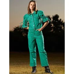 Athena Women Puffed Sleeves Denim Jacket With Trousers-picture-28