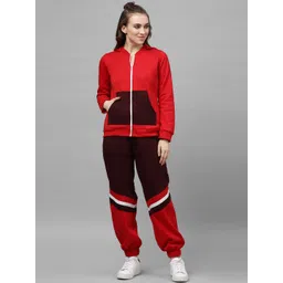 Athena Women Red & Burgundy Solid Hooded Sweatshirt & Colourblocked Joggers-picture-38