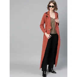 Athena Women Rust Red Solid Suede Longline Coat-picture-30