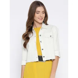 Athena Women White Solid Cropped Denim Jacket-picture-26