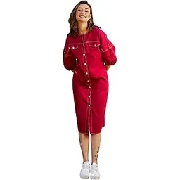 athena lifestyle Women and Girls Cotton Shirt Round Neck Solid Print Midi Length 3/4 Sleeveth Maroon Casual Dress-picture-11