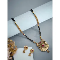 ATIBELLE Gold-Plated Stones-Studded & Beaded Floral Mangalsutra With Earrings-picture-24