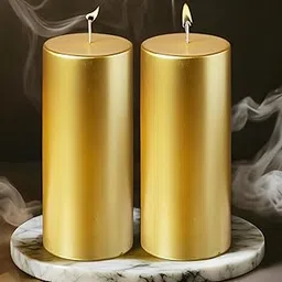 Atorakushon Set of 2 Round Metallic Golden Tall Pillar Candles 5'' Inches Smokeless Dinner Candles for Household Weddings Birthday Party Spa Church Home Décor Gift Valentines-image-6