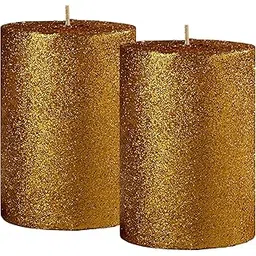 atorakushon Smokeless Golden Glitter 2.5"x3"Inch Pillar Candle for Home Decoration Lighting Diwali Puja Valentine Restaurants Spa Church [Set of 2]-image-12