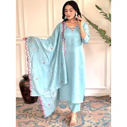 ATOXIC Women Ethnic Motifs Embroidered Regular Thread Work Chanderi Silk Kurta with Trousers & With Dupatta-picture-32