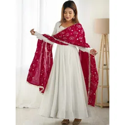 ATOXIC Women White & Pink Solid Georgette Kurta With Embroidered Thread Work Dupatta-picture-29