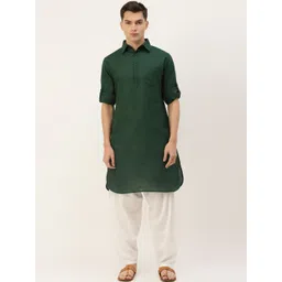 ATRAENTA Cotton Curved Shirt Collar Roll-Up Sleeves Pathani Kurta-picture-39