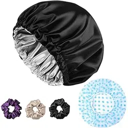 Atrube's Silk Satin Hair Bonnet Reversible Sleep Cap with adjustable tie band with Shower Cap, Reusable waterproof elastic bathroom cap And Scrunchies Silk bonnet for hair (Black combo)-picture-33