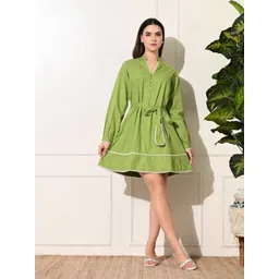 ATTERRI Mandarin Collar Cuffed Sleeves Belted Cotton Fit & Flare Dress-picture-17