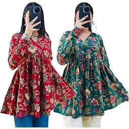 attnico Women’s Rayon Floral Printed Short Kurti Combo (Pack of 2) – V-Neck, Full Sleeve Gather Tops for Casual & Office Wear-picture-40