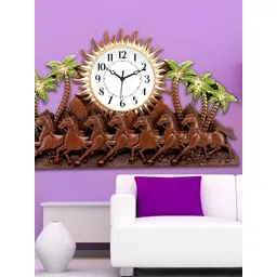 Attractionz Brown & Gold Toned Sun & Horse Round Shaped Traditional Analogue Wall Clock-image-31