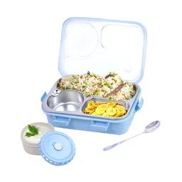 Attro Lunch Pro Deluxe 3 Compartment Steel Lunch Box with Small Container and Spoon 750 ml - Blue-picture-11