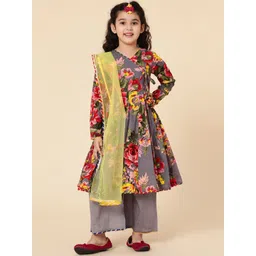 a.t.u.n. A T U N Girls Grey Floral Printed Pure Cotton Angrakha Kurti With Palazzo & Dupatta-picture-18