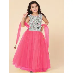 a.t.u.n. A T U N Girls Pink & Grey Embroidered Lehenga Choli With Dupatta-picture-14