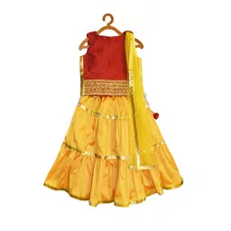 a.t.u.n. A T U N Girls Yellow & Maroon Embellished Ready to Wear Lehenga & Blouse With Dupatta-picture-21