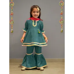 A.T.U.N. Girls Dark Green & Pink Linen Solid Kurta Set-picture-29