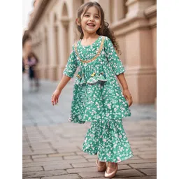 A.T.U.N. Girls Floral Printed Regular Sleeves Gotta Patti Kurta & Sharara-picture-15