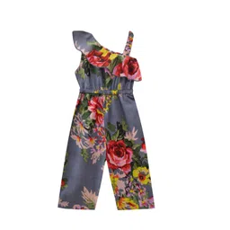A.T.U.N. Girls Grey & Pink Floral Print One-Shoulder Ruffled Pure Cotton Basic Jumpsuit image 1