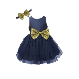 A.T.U.N. Girls Navy Blue & Gold-Toned Solid Net Fit & Flare Dress-picture-43