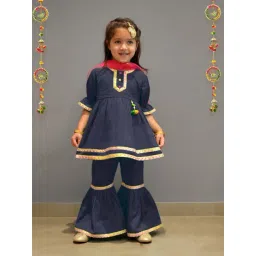 A.T.U.N. Girls Navy Blue & Pink Linen Solid Kurta Set-picture-28