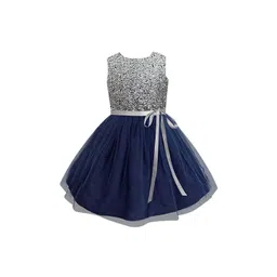 A.T.U.N. Girls  Silver-Toned & Navy Blue Embellished Round Neck Net Fit & Flare Dress-picture-33