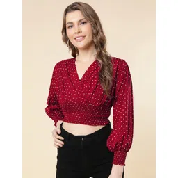 A.T.U.N. Polka Dots Printed Smocked Blouson Crop Top-picture-23