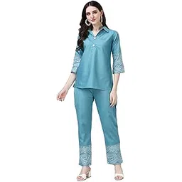 audace Co Ord Set for Women, Embroidered Cotton Casual Wear Co-Ords Set, Relaxed Fit Cord Dress for Ladies | Fashionable Shirt with Pant Outfits for Women (Small, Mystical Blue)-picture-14