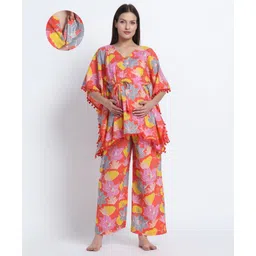 Aujjessa Cotton Woven Half Batwing Sleeves Floral Printed & Lace Detailed Maternity Night Suit Set With Front Zipper Nursing Access - Peach & Multi Colour-picture-10