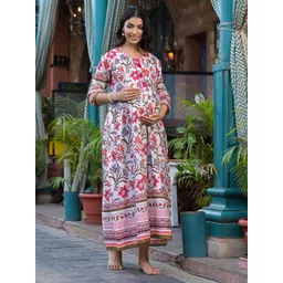 Aujjessa Floral Print Round Neck Maternity Maxi Cotton Dress-picture-14
