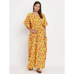 Aujjessa Floral Printed Flared Sleeves Tie-Ups Pure Cotton Kaftan Maternity Dress-picture-24