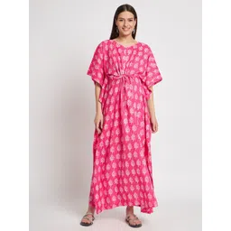 Aujjessa Floral Printed V-Neck Pure Cotton Maternity Feeding Kaftan Maxi Dress-picture-32