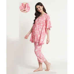 Aujjessa Three Fourth Bat Wing Sleeves Floral Printed Kaftan Style Front Zipper Maternity Night Suit - Pink-picture-22