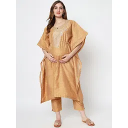 Aujjessa Women Beige Ethnic Motifs Embroidered Chanderi Silk Kurta with Trousers-picture-31