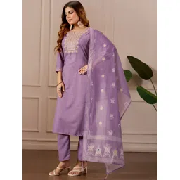 Aumira Women Ethnic Motifs Embroidered Regular Thread Work Pure Cotton Kurta with Trousers & With Dupatta-picture-13