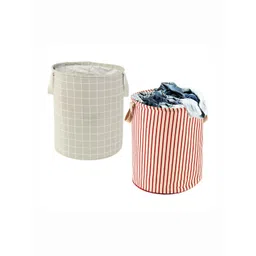 Aura 2-Pcs Grey & Maroon Checked Cotton Foldable Laundry Bags With Handle - 60L image 1