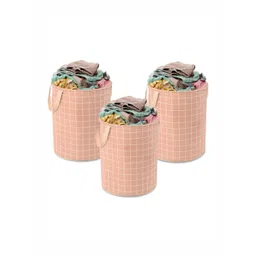 Aura 3Pcs White & Brown Checked Cotton Foldable Laundry Bags - 60 L Each-picture-25