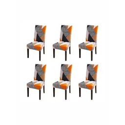 Aura 6-Pcs Grey & Orange Coloured Printed Stretchable Chair Covers-picture-33