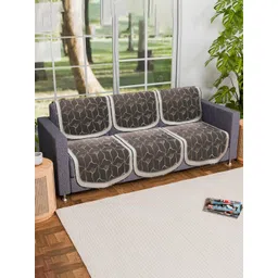 Aura Arabica Brown & White 6 Pieces Floral Printed 3 Seater Velvet Sofa Covers-picture-25