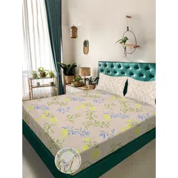 Aura Beige & Blue Floral 300 TC Fitted Double King Bedsheet Set 2.50 m x 2.25 m-picture-27