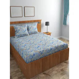 Aura Beige & Blue Floral Microfiber 180 TC Queen Bedsheet Set 2.25 m x 2.30 m-picture-32