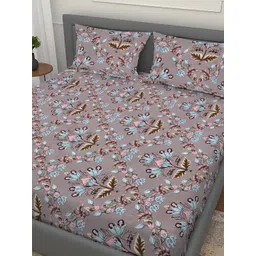 Aura Beige & Blue Floral Printed 350 TC King Fitted Bedsheet Set 2.50 m x 2.15 m-picture-31