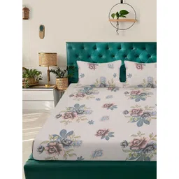 Aura Beige & Blue Floral Printed Fitted 300 TC King Bedsheet Set 2.50 m x 2.25 m-picture-24