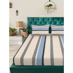 Aura Beige & Blue Striped 300 TC King Bedsheet Set 2.5 m x 2.25 m-picture-25