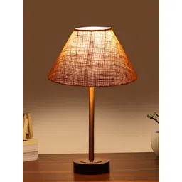 Aura Beige & Copper Toned Frustum Shaped Jute Shade Wooden Table Lamp-picture-14