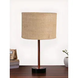 Aura Beige & Copper Toned Textured Cylindrical Shaped Jute Shade Wooden Table Lamp-picture-22