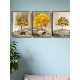 Aura Beige & Gold-Toned 3 Pieces Tree Printed Wooden Wall Paintings-picture-16