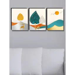 Aura Beige & Grey 3 Pieces Wooden Tree & Deer Wall Paintings-picture-26