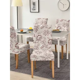 Aura Beige & White 4 Pieces Floral Printed Stretchable Chair Covers-picture-14